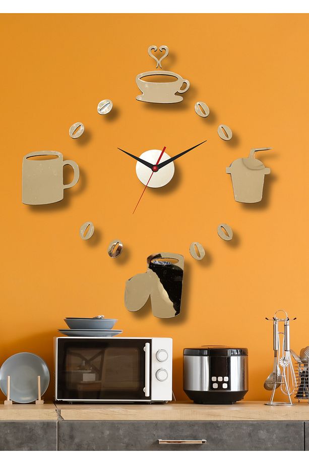 Gold Pleksi Kahve Çay Fincan Duvar Saati - Mutfak Cafe Kahve Köşesi Için Mdf 50x50 Cm Tablo Saat - 3
