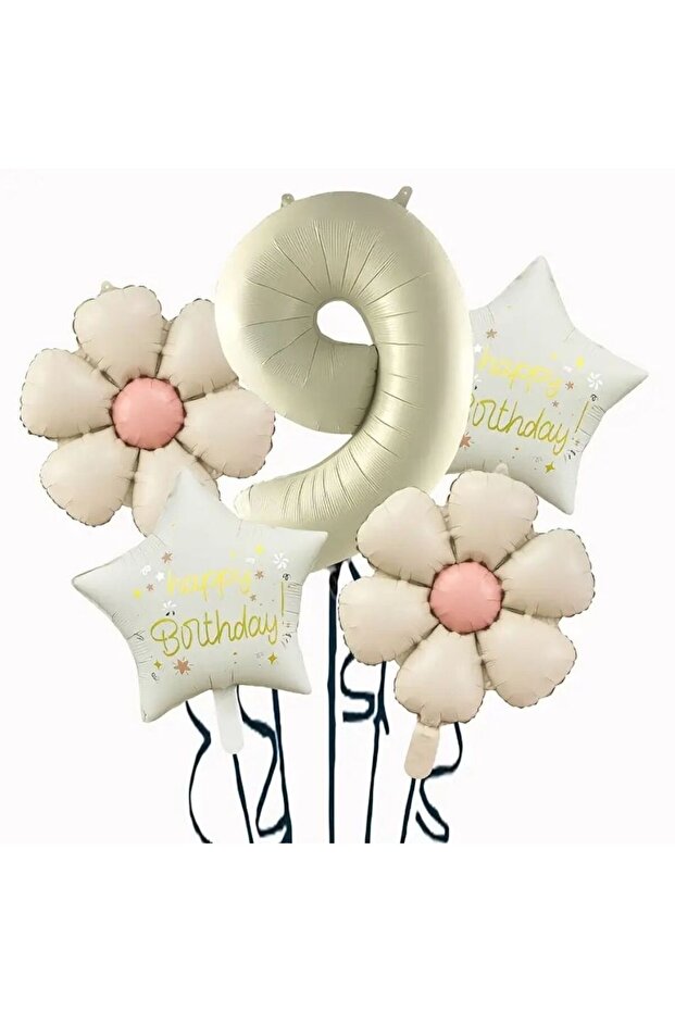 Cream Daisy 9 Years Old Happy Birthday Star Number Foil Balloon Set