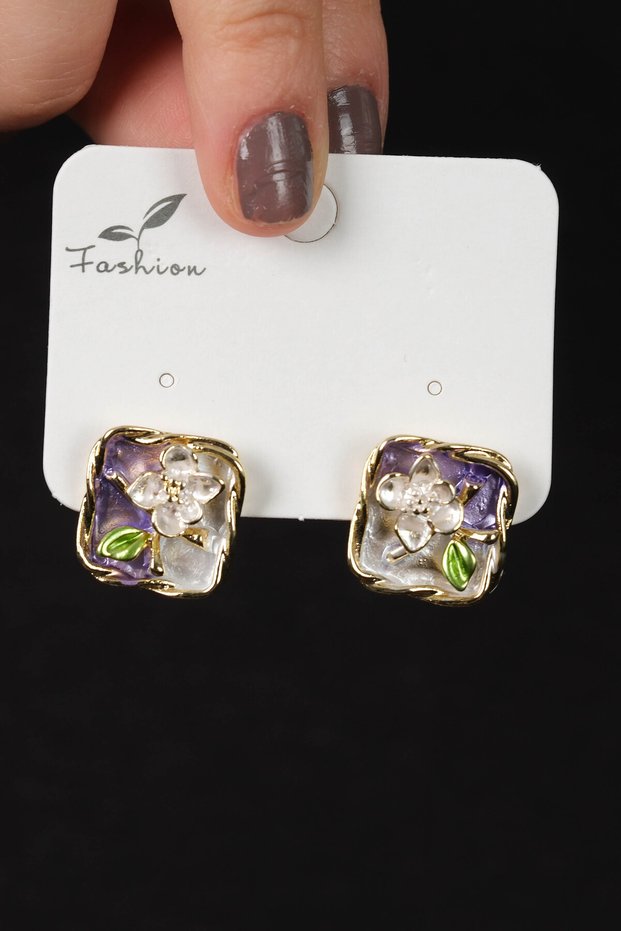 Women's Purple Enamel Flower Detailed Square Steel Earrings