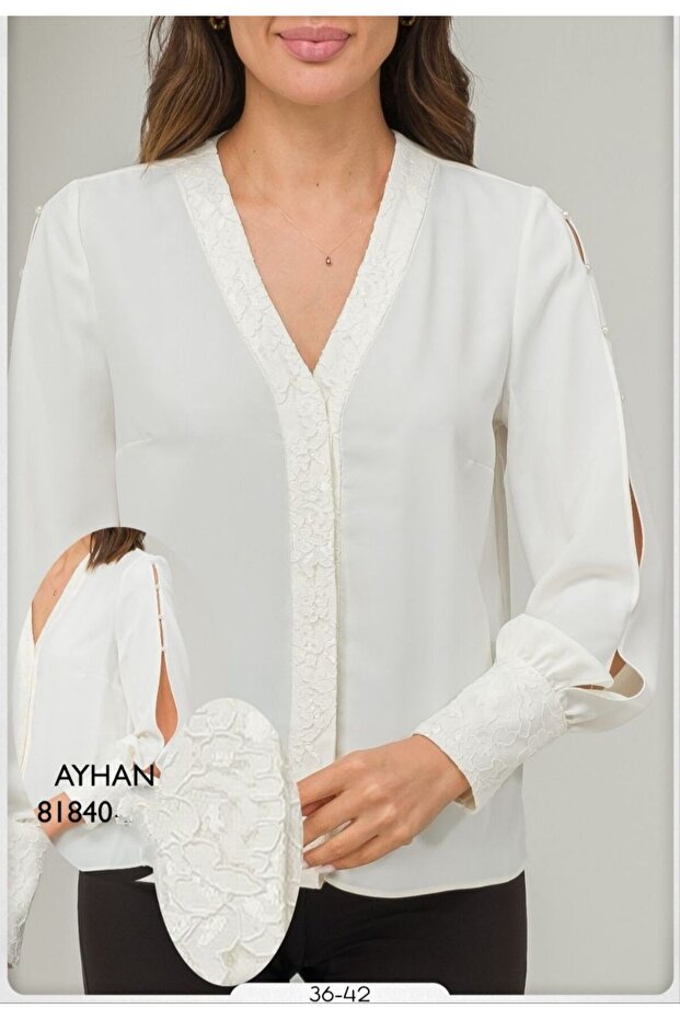 بلوزة بأكمام مكشكشة وفتحة أمامية - 1