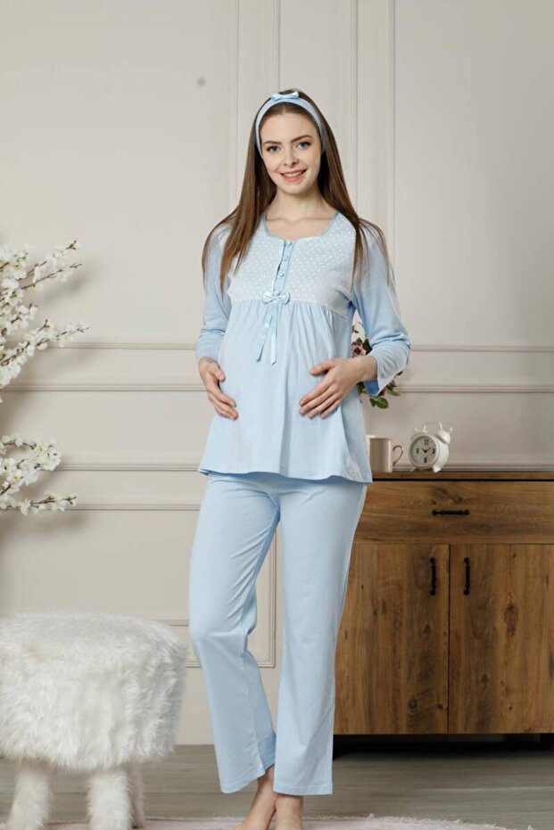 Maternity Pajama Set - Blue Lace Detailed Long Sleeve with Headband 2378