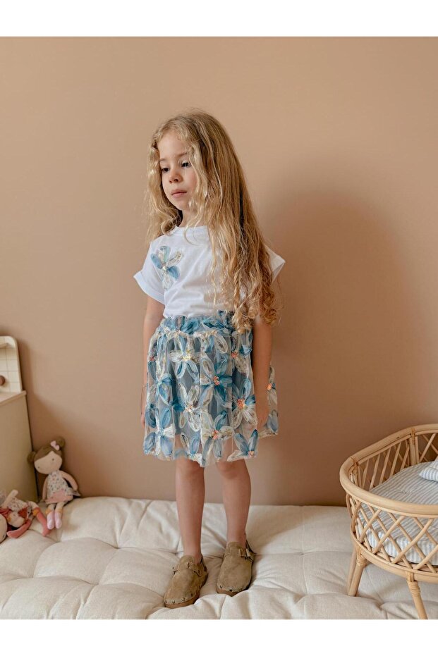 Yigit Butik Floral Patterned Skirt Girl's Bottom Top Set