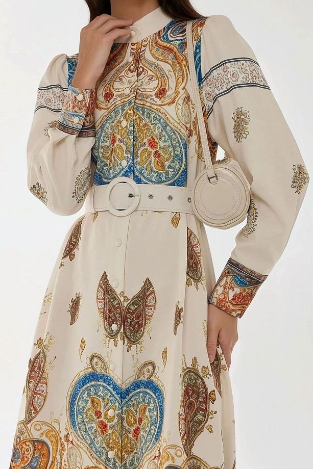 Baskılı Uzun Kol Kemerli Maxi Elbise - 3