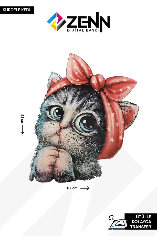 Kedi Kurdele Ütü İle Yapışan Dtf Baskı - 1