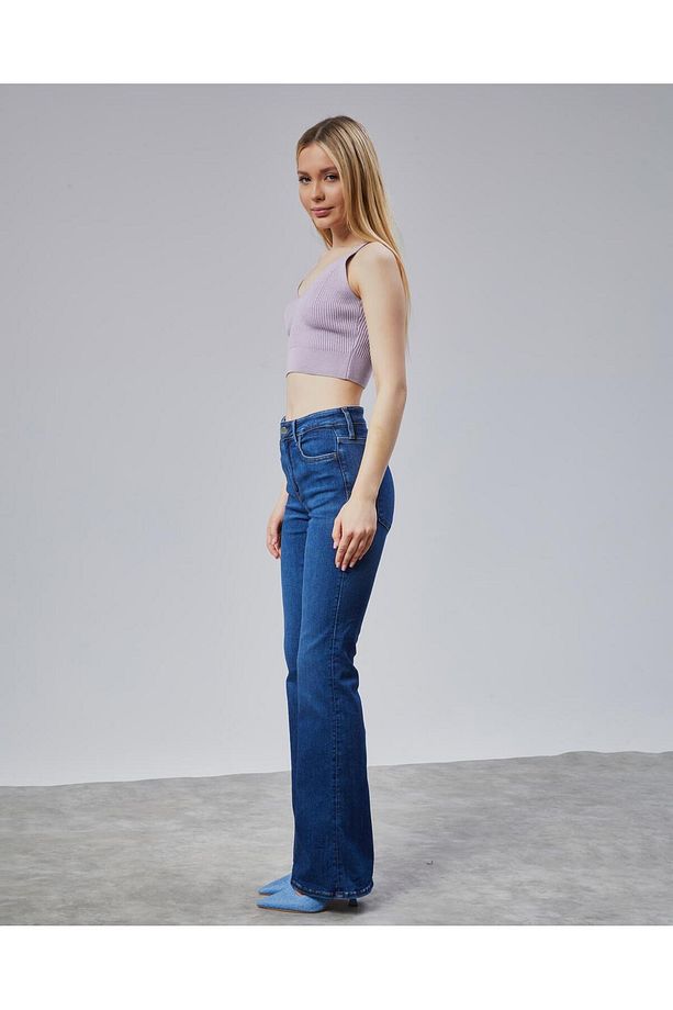 Ispanyol Yüksek Bel Solmaz Mavi Kar Yıkama Kot Pantolon Toparlayıcı Jean - 4