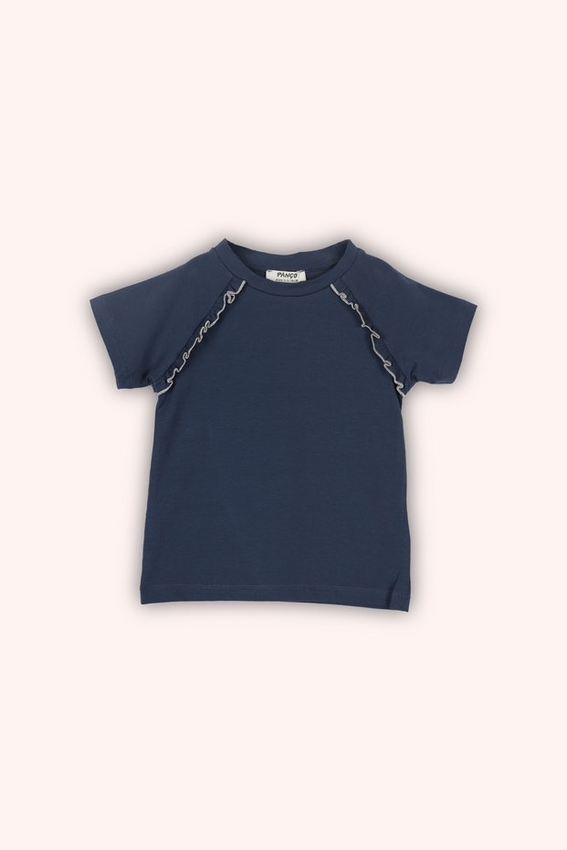 Baby Girl Short Sleeve Navy Blue T-Shirt with Ruffle Detail