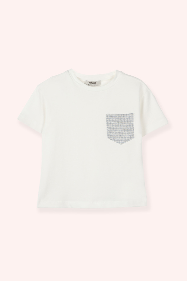 Girl's Ecru T-Shirt with Scalloped Pocket Detail on Sleeve