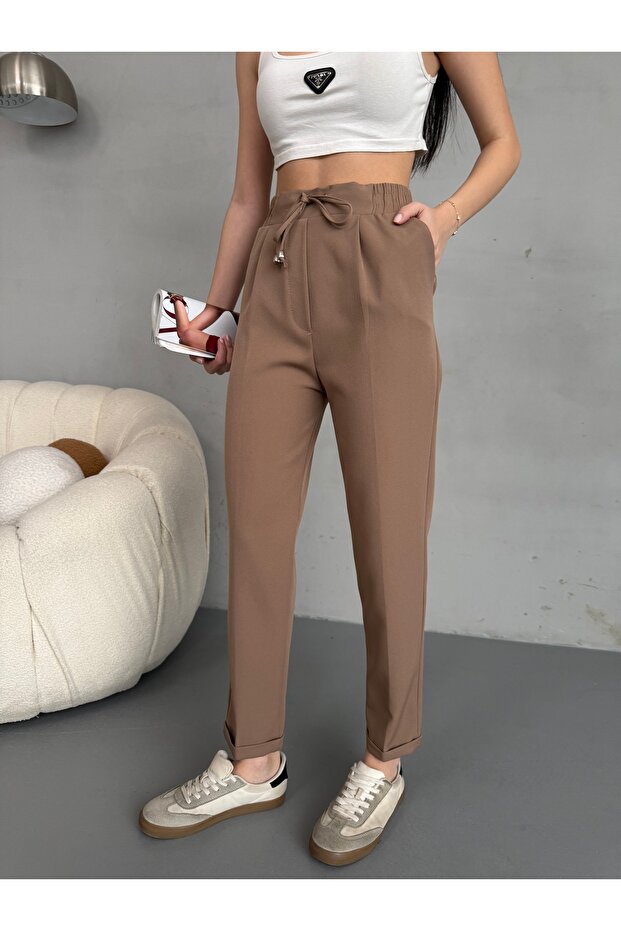 Women's High Waist Elastic and Laced Carrot Cut Fabric Trousers
