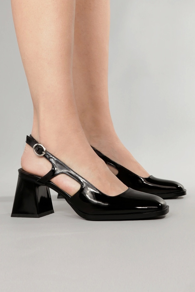 Women's Black Patent Leather Heeled Shoes Square Toe Tpu Sole Ksyhr104
