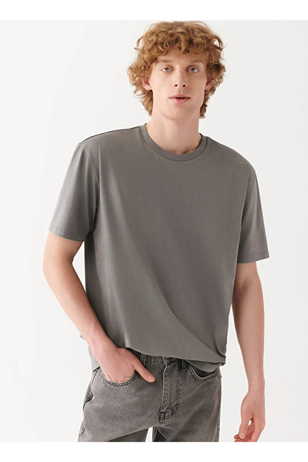 Bisiklet Yaka Gri Basic Tişört - 1