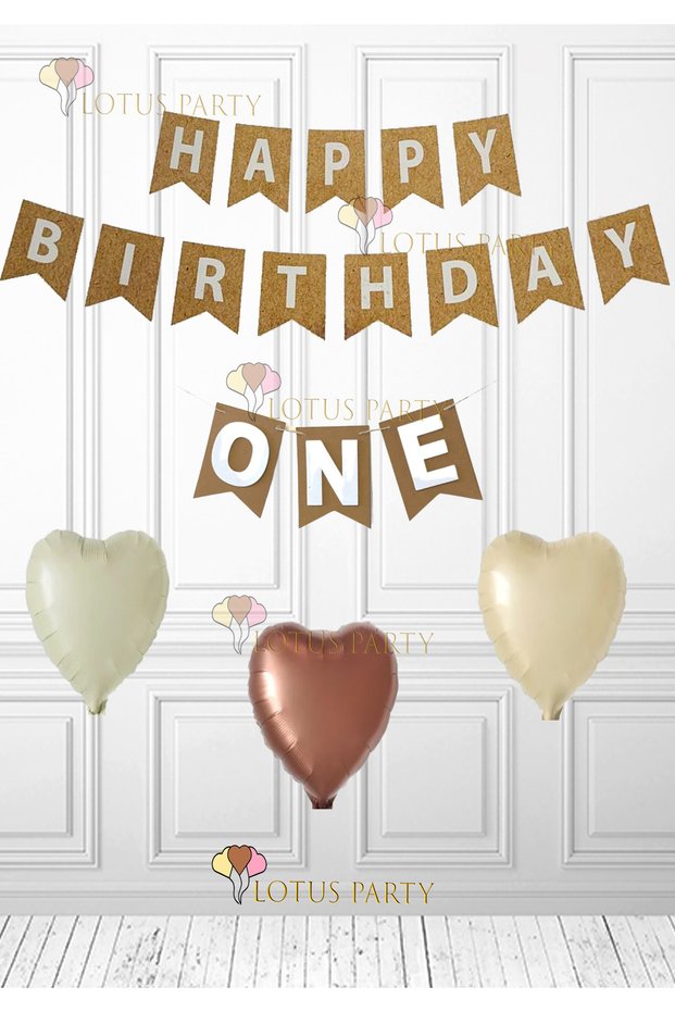 One Birthday Set - Kraft One Banner - Kraft Happy Birthday Banner 3 Retro Heart Foil Balloon 1 Year Old