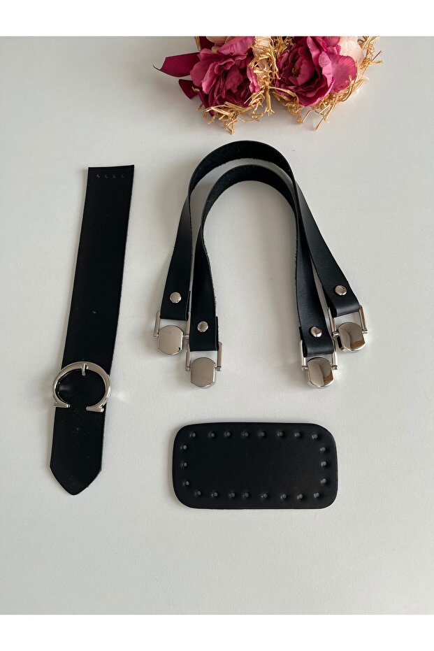 Silver Color Detailed Leather Handle, Cover, Base Set for Knitted Bags