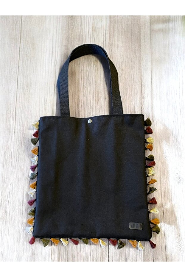 Black Canvas Saddlebag Tassel Detailed Woven Shoulder Bag