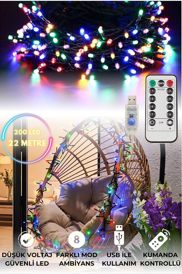 200 Ledli Usbli Kumandalı 8 Modlu Şerit Led Işık Parti Süsleme Organizasyon RGB Işık - 3