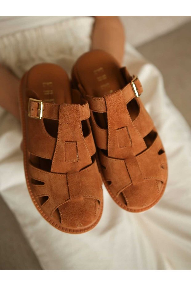 Rodos Genuine Suede Leather Inner Orthopedic Sole Closed Toe Women's Sabo Slippers Real Leather Tan