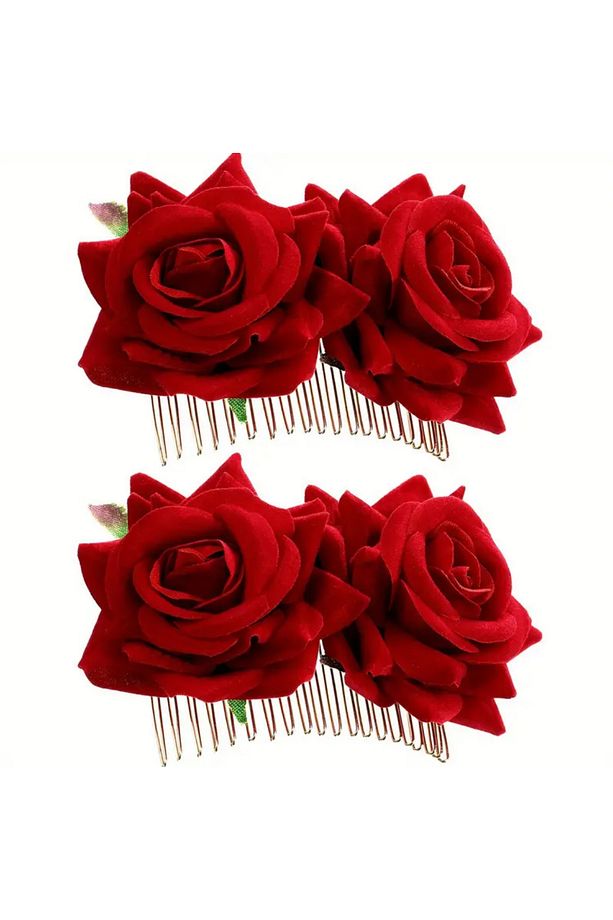 2 adet Kadın Gül Çiçeği Saç Tokası Gül Yan Taraklar Flamenco Çiçekleri - 2