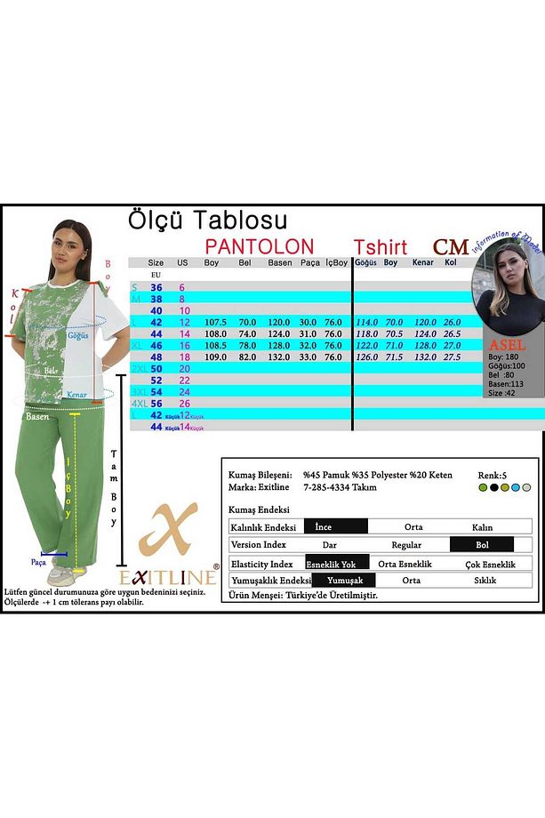 Kadın Özel Baskılı Keten Takım Tshirt Pantolon - 3