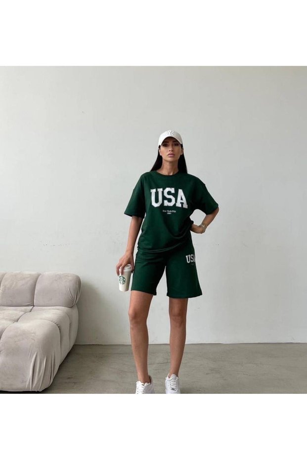 USA T-Shirt Shorts - Bottom Top Team Shorts T-Shirt Combo Printed Crew Neck