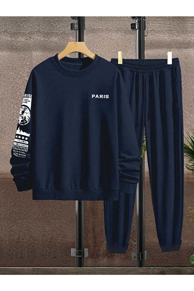 طقم رياضي من Paris Web Sweatshirt Jogger - رقبة دائرية كبيرة الحجم مطبوعة باللون الأزرق الداكن