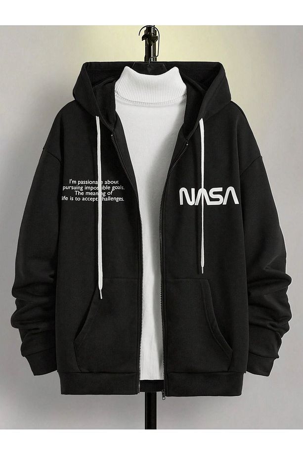 Nasa Yazılı Fermuarlı Hırka Sweatshirt - Siyah Baskılı Oversize Kışlık Kalın Kapüşonlu - 1