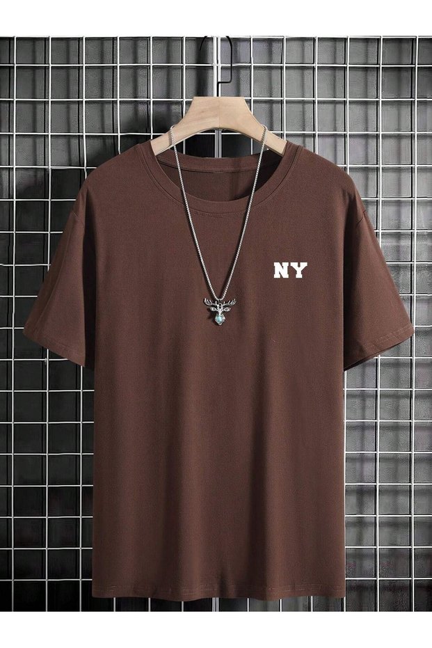Ny Text Single Jersey T-Shirt - Brown Printed Oversize Crew Neck T-Shirt