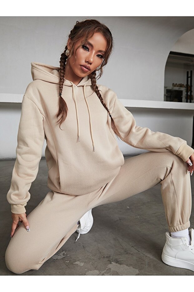 Basic Düz Kapüşonlu Kombin Alt Üst Eşofman Takımı - Bej Oversize Lastik Paça - 1