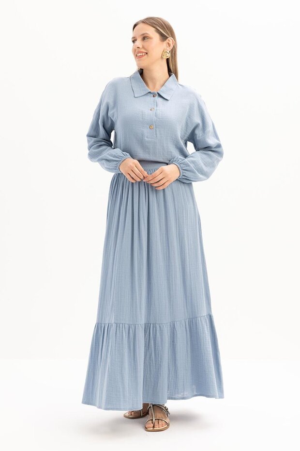 Blue-100% Cotton Flared Skirt