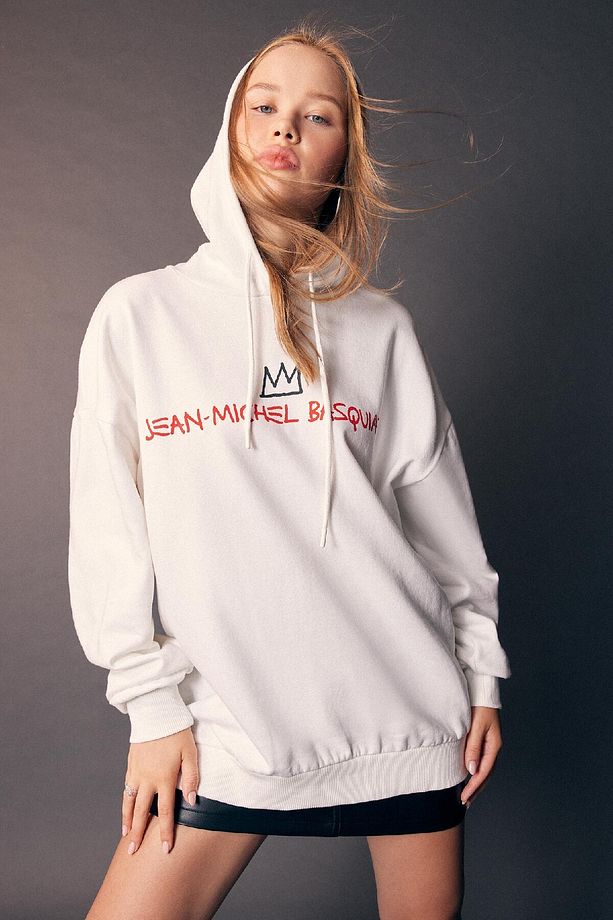 Coool Jean Michel Basquiat Oversize Geniş Kalıp Kapüşonlu Sırt Baskılı Kalın Kumaş Sweatshirt B3627a - 2