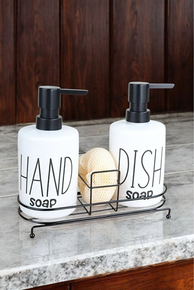 Set of 2 Sponge Soap Dispenser with Metal Stand - Kitchen Liquid Soap Dishwashing Liquid Bottle 400ml - White