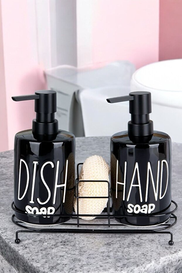 Чорний набір з 2 мильницями з губкою - металева підставка для кухонного миючого засобу 400 мл - 1