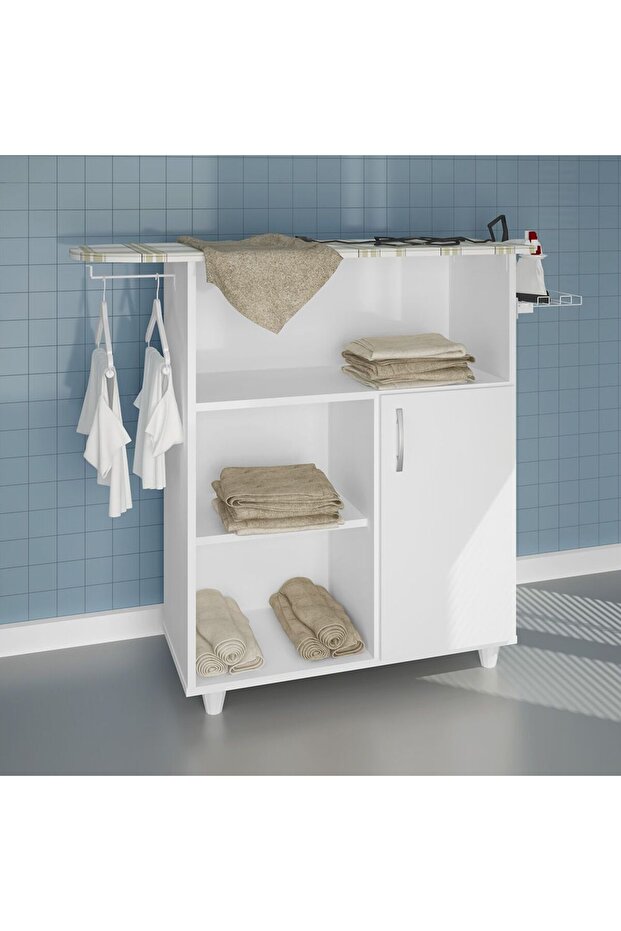 Cleffa Ironing Board with Cabinet - White, Durable Wood, 4 Shelves, 2-Year Warranty