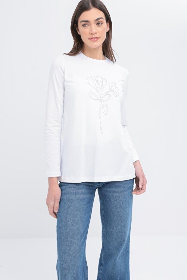 White-Chain Embroidered Long Sleeve Lycra T-Shirt
