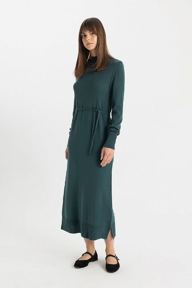 Regular Fit Yarım Balıkçı Yaka Basic Düz Yırtmaçlı Uzun Kollu Maxi Triko Elbise A9807ax24wn - 2