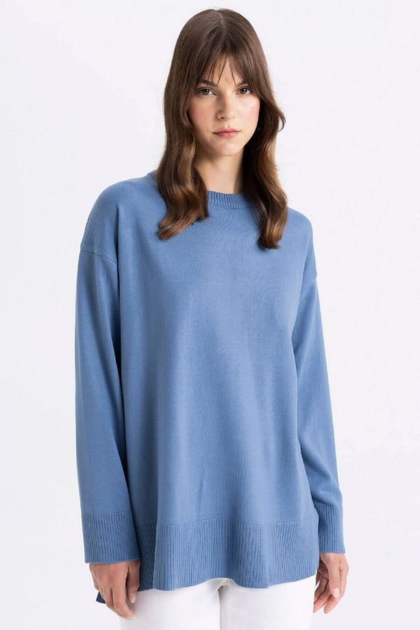 Regular Fit Bisiklet Yaka Yandan Yırtmaçlı Basic Düz Triko Kazak Tunik C5165ax24au - 1