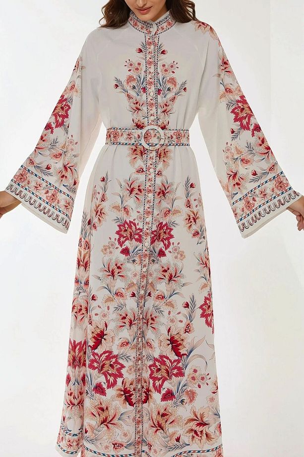 Baskılı Uzun Kol Kemerli Maxi Elbise - 3