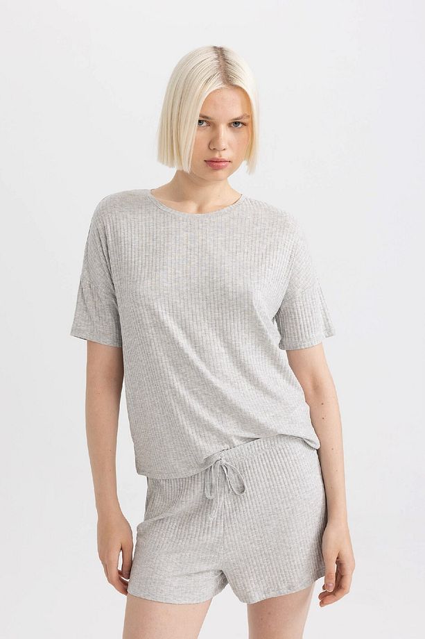 Pijama Takımı Ribana Kısa Kollu Üst Beli Lastikli Şort Altı-fall In Love B8732ax24sm - 3