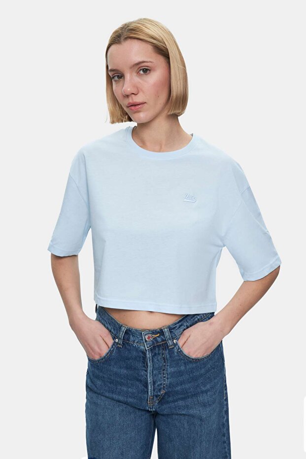 Indiana Sky Blue Crew Neck Crop Printed 100% Cotton Loose Fit Women's Tshirt