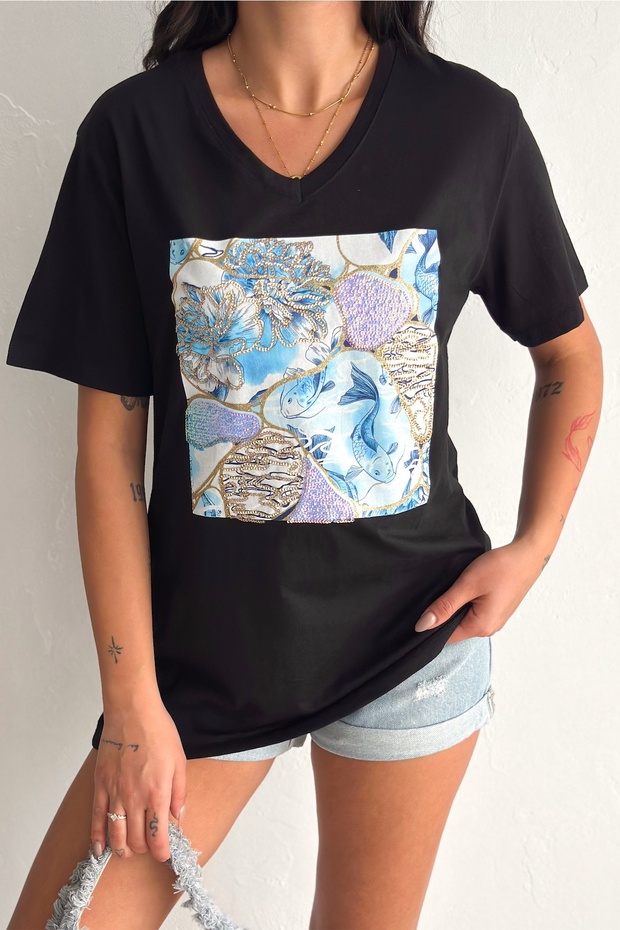 Women's Black V-Neck Plus Size Sequin Sequin Embroidered 100% Cotton T-Shirt