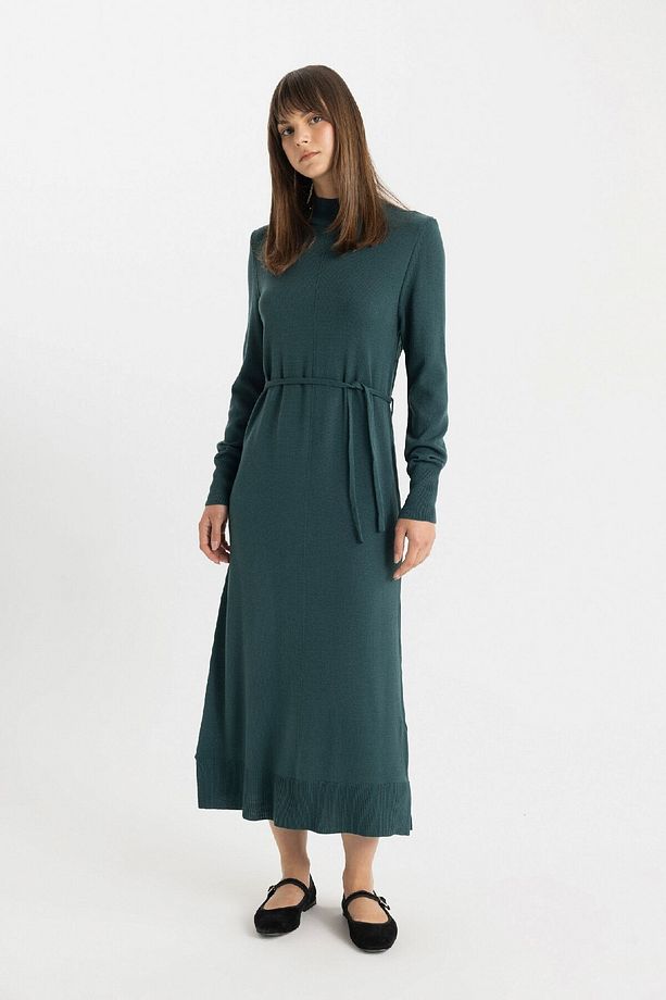 Regular Fit Yarım Balıkçı Yaka Basic Düz Yırtmaçlı Uzun Kollu Maxi Triko Elbise A9807ax24wn - 1