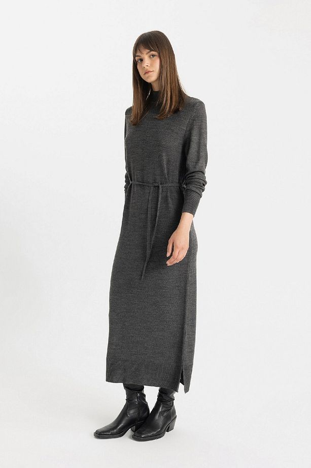 Regular Fit Yarım Balıkçı Yaka Basic Düz Yırtmaçlı Uzun Kollu Maxi Triko Elbise A9807ax24wn - 3