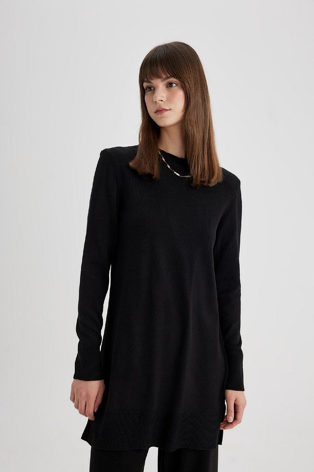 Regular Fit Bisiklet Yaka Yırtmaçlı Basic Düz Triko Kazak Tunik H3431az24au - 3