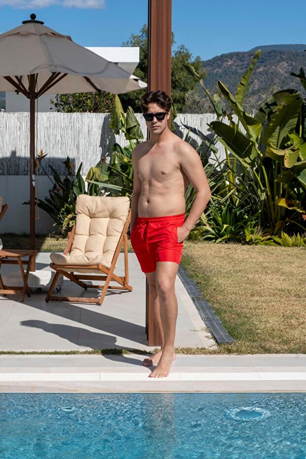 Men's Red Swim Shorts with Quick Dry Pockets