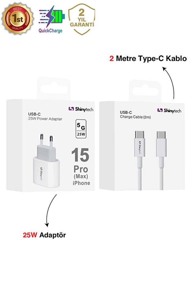 25W USB-C Güç Adaptörü Hızlı Şarj Aleti 2m Kablo USB-C Şarj Seti - 2