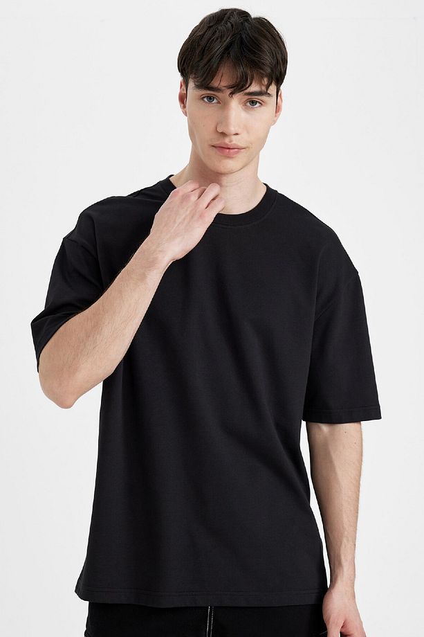 Oversize Geniş Kalıp Bisiklet Yaka Kısa Kollu Basic Düz Ağır Kumaş Tişört X3926az24au - 1