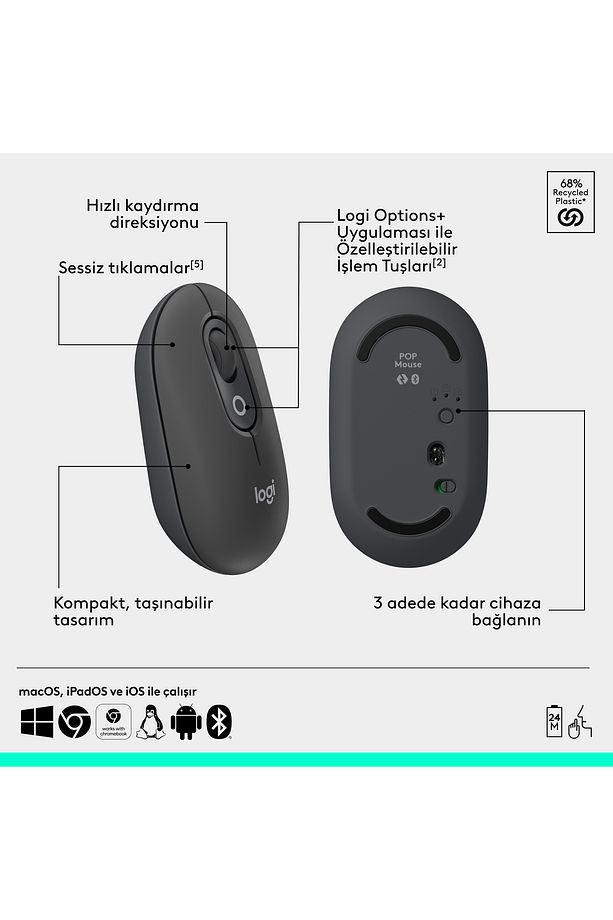 POP ICON Kablosuz Bluetooth Sessiz Türkçe Q Klavye ve Mouse Seti - Siyah 920-013075 - 8