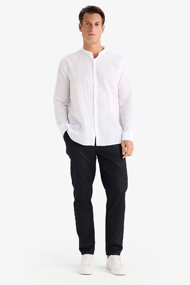 Regular Fit Hakim Yaka Pamuklu Basic Düz Uzun Kollu Krinkıl Kumaş Beyaz Gömlek C7584ax24sm - 2