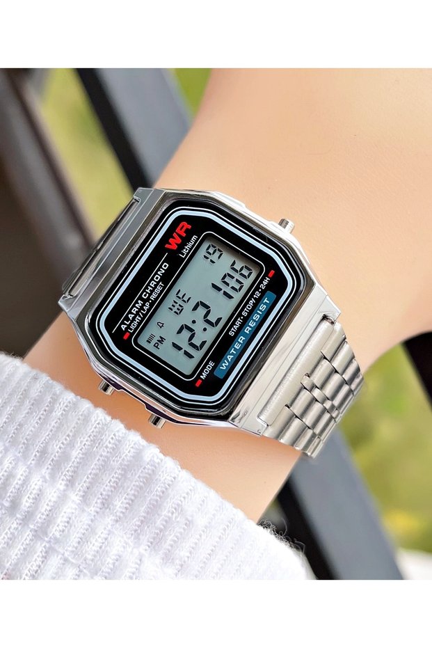 Silver Color Square Sports Unisex Wristwatch with Digital Light Alarm Stopwatch