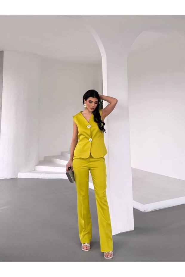 Women's Gold Buttoned Vest Pants Suit