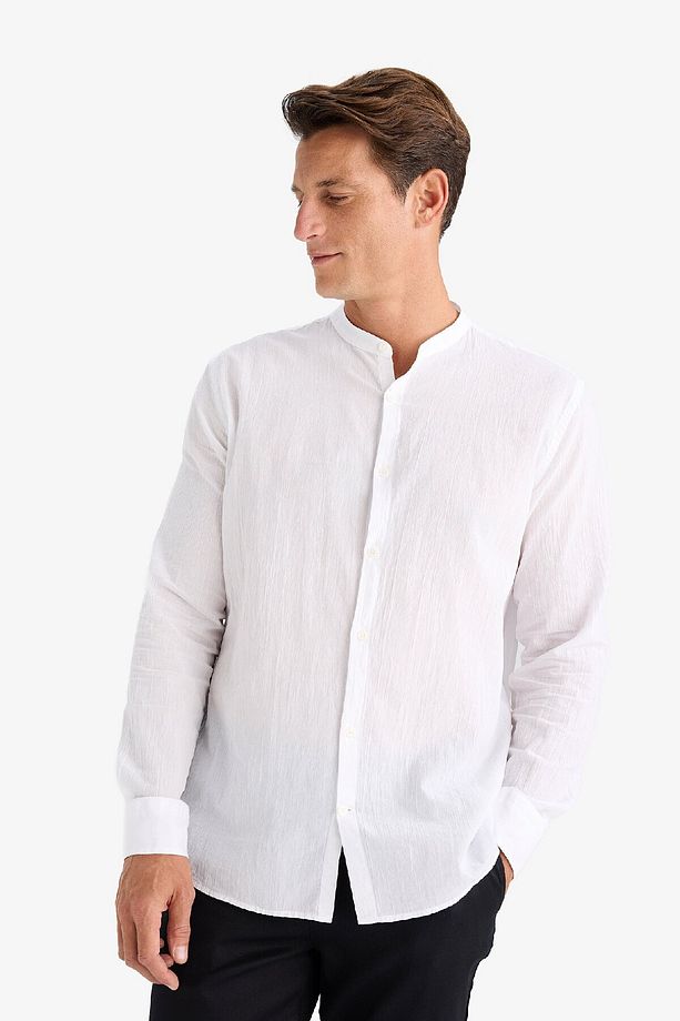 Regular Fit Hakim Yaka Pamuklu Basic Düz Uzun Kollu Krinkıl Kumaş Beyaz Gömlek C7584ax24sm - 3