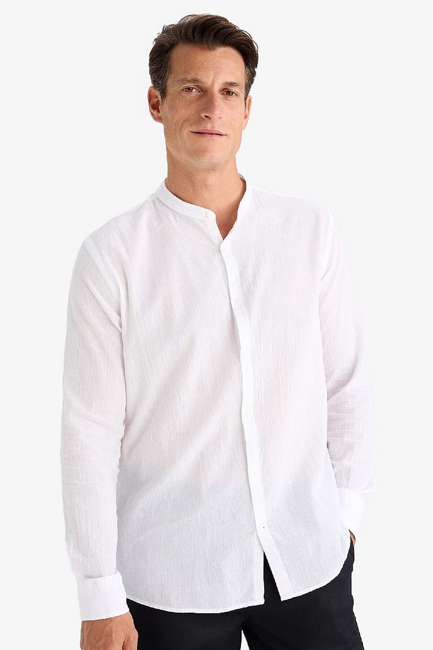 Regular Fit Hakim Yaka Pamuklu Basic Düz Uzun Kollu Krinkıl Kumaş Beyaz Gömlek C7584ax24sm - 1